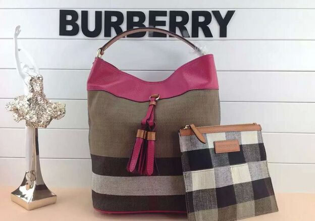 Burberry Controllare Hobo della tela di cotone borsa in pelle misto