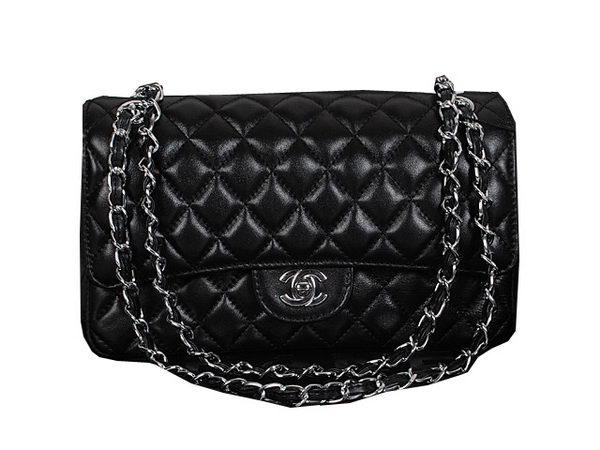 Chanel 2.55 Series Classic Flap Bag 1112 Black Sheepskin Silver