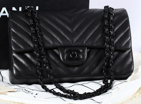 Chanel 2.55 Series Flap Bag Sheepskin Chevron Quilting A1112 Black