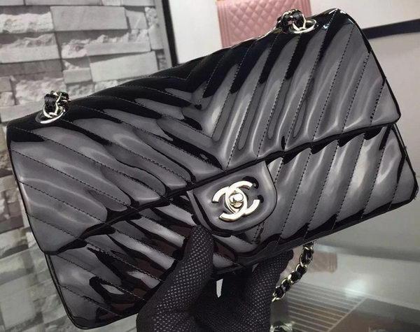 Chanel 2.55 Series Flap Bag Black Patent Chevron Leather A5023 Silver