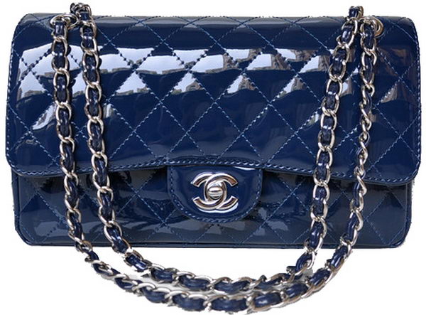 Chanel 2.55 Series Flap Bag Blue Patent Leather A1112 Silver