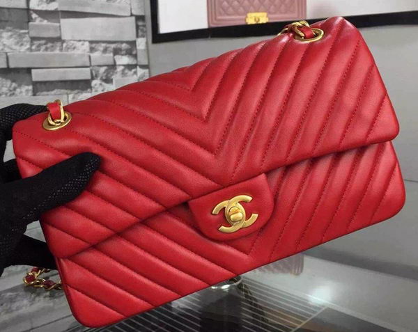 Chanel 2.55 Series Flap Bag Red Lambskin Chevron Leather A5023 Gold