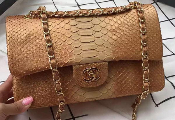 Chanel 2.55 Series Flap Bags Apricot Original Python Leather A1112SA Gold