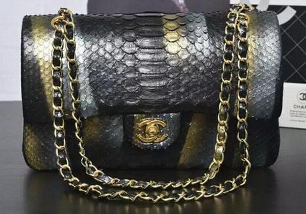 Chanel 2.55 Series Flap Bags Black Original Python Leather A1112SA Gold