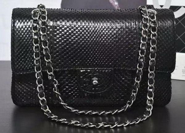 Chanel 2.55 Series Flap Bags Black Original Snake Leather A1112SA Silver