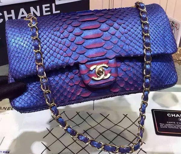 Chanel 2.55 Series Flap Bags Blue Original Python Leather A1112SA Gold