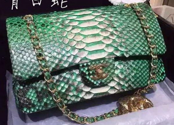 Chanel 2.55 Series Flap Bags Deep Green Original Python Leather A1112SA Gold