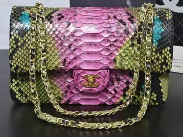 Chanel 2.55 Series Flap Bags Pink&Green Original Python Leather A1112SA Gold