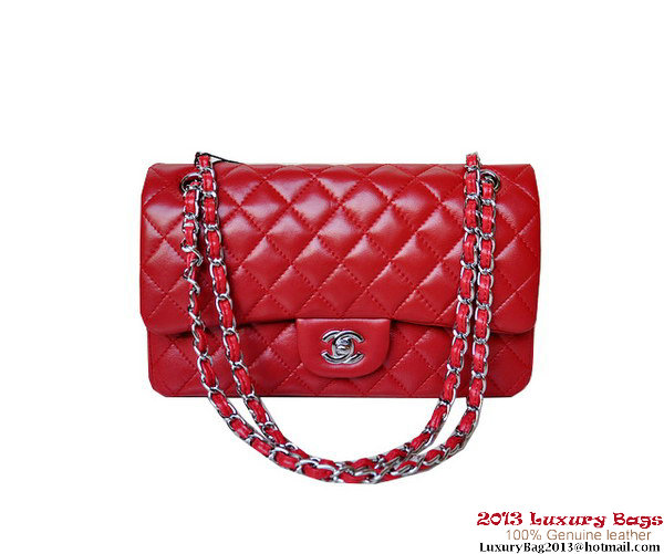 Chanel A01112 Classic Flap Bag Red Sheepskin Silver