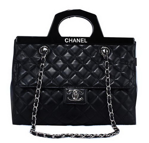 Chanel Shopping Bag Sheepskin Leather Rigid Handles A62580 Black