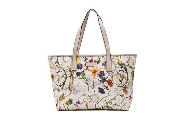 Gucci 211137 White Diaper Flora Leather Tote Bag