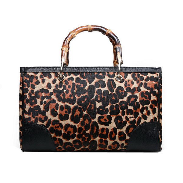 Gucci 323660 Leopard Bamboo Shopper Calf Leather Tote Bag