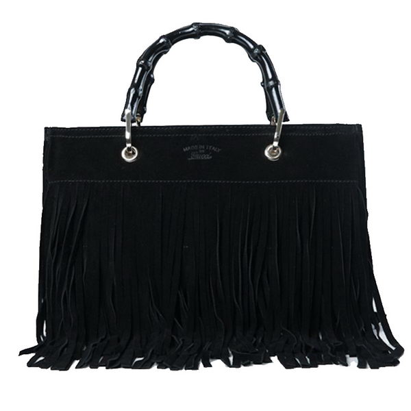 Gucci Bamboo Fringe Shopper Suede Tote Bag 349198 Black