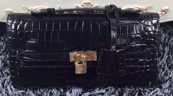 Hermes Kelly Clutch Bag Croco Leather K2651 Black