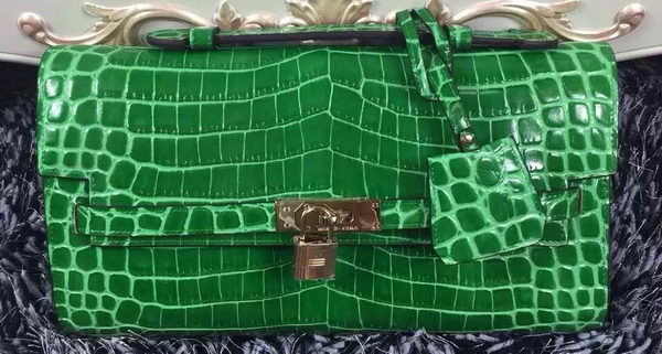 Hermes Kelly Clutch Bag Croco Leather K2651 Green