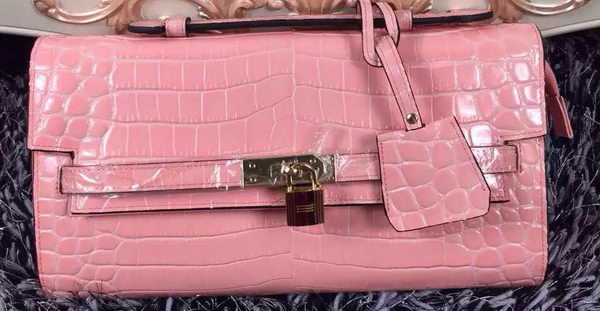 Hermes Kelly Clutch Bag Croco Leather K2651 Light Pink