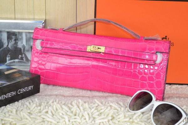 Hermes Kelly Clutch Bag Croco Leather K31 Rose