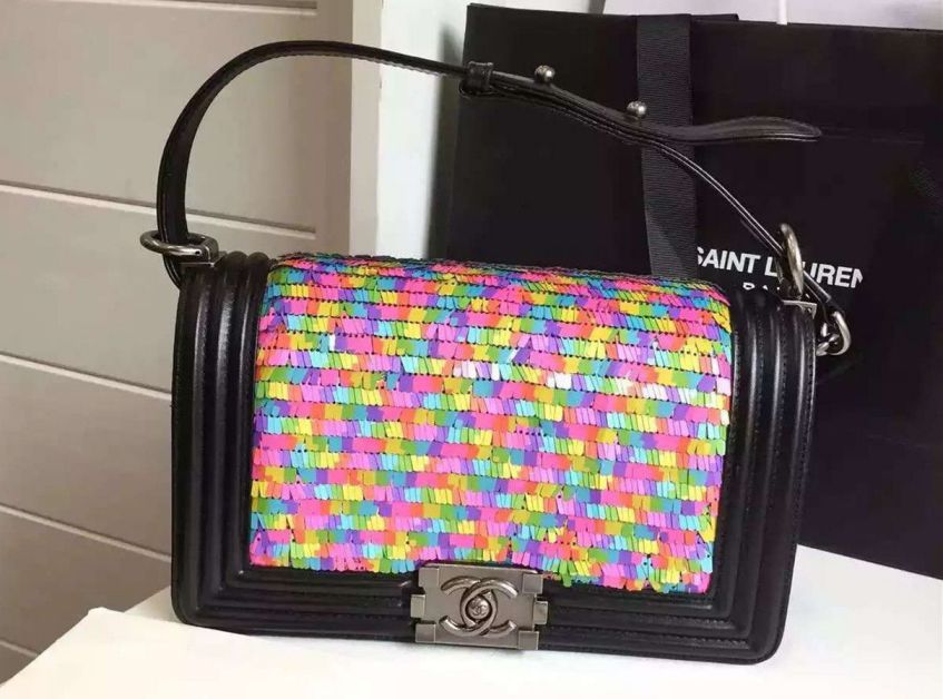 borse Chanel Boy Multicolor Flap ricamato paillettes nere /