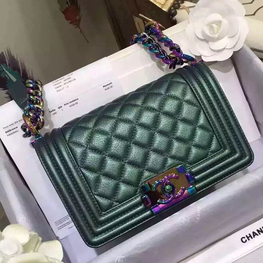 borse Chanel Iridescent Piccolo Ragazzo Flap verde con arcobaleno Hardware /