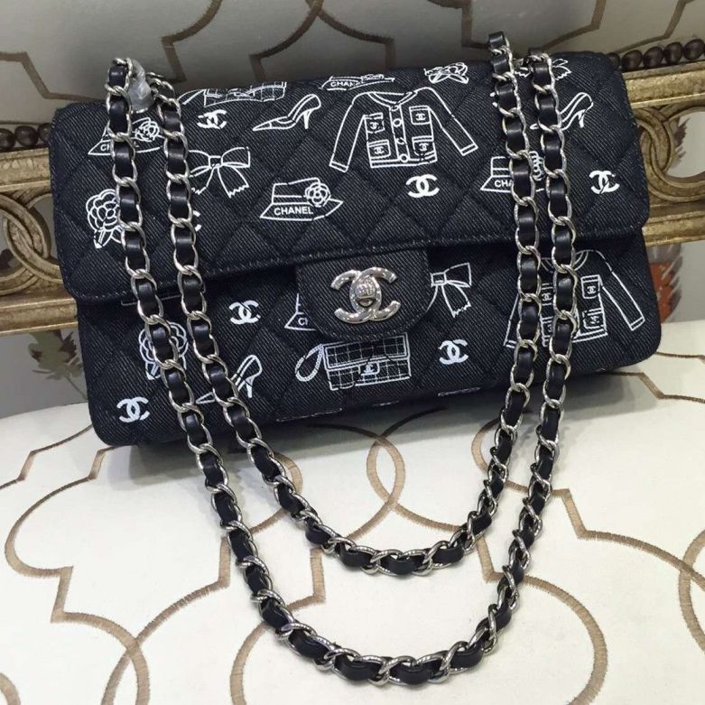 borse Chanel Logo stampato denim Classic Flap Nero /