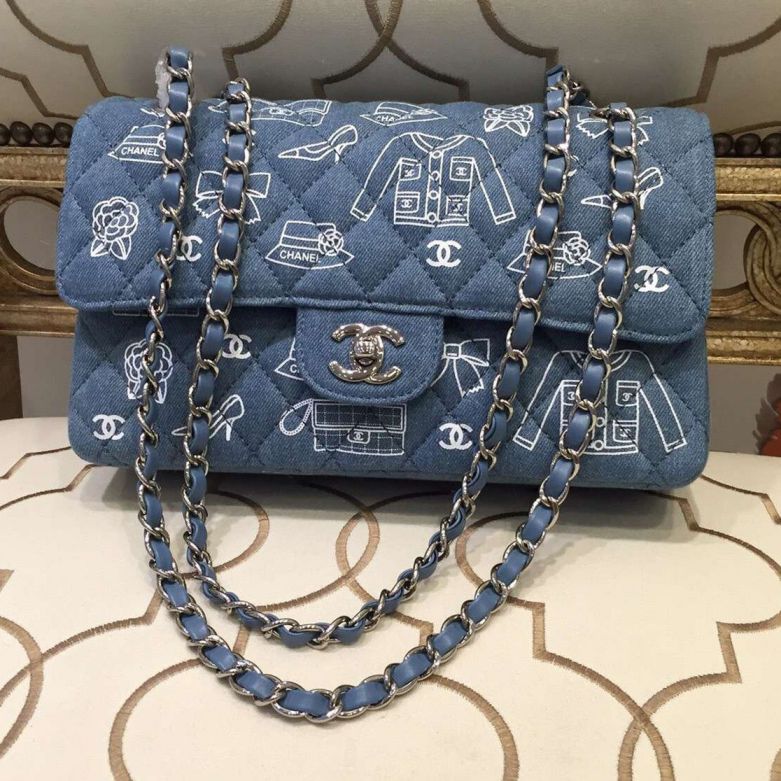 Chanel Logo borse denim stampato Classic Flap Light Blue /