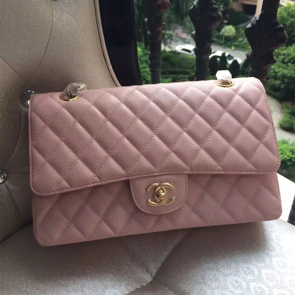 borse Chanel Caviar Classic Media Flap rosa con hardware oro