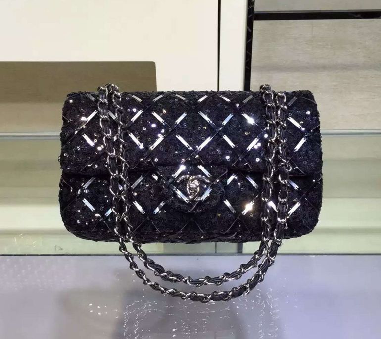 Chanel Classic Flap borse paillettes & amp; Ricami in nero A01112 Cruise