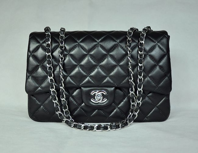 28600 Nero Pelle Di Agnello Chanel In Metallo Argentato