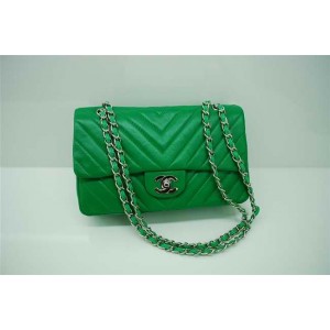 Chanel 255 Borse Classic Flap In Pelle Di Agnello Verde Chevron