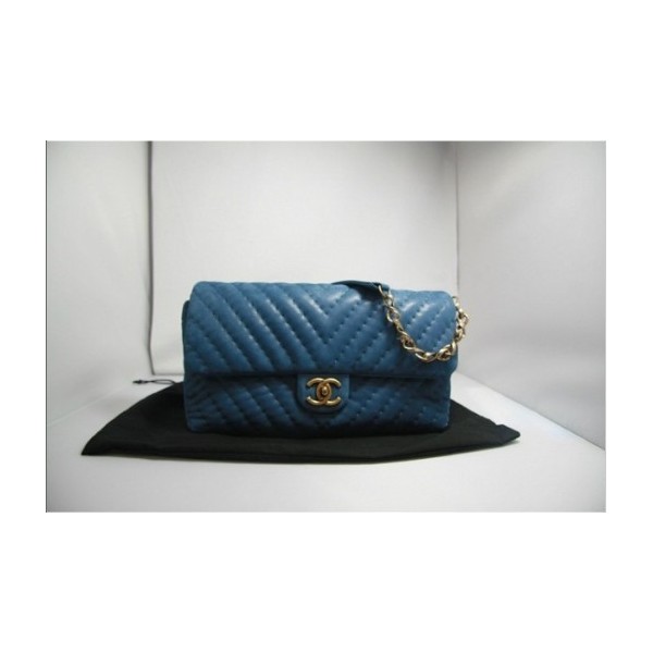 A50676 Chanel Classic Flap Borse Iridescente Blu Con Oro Hw