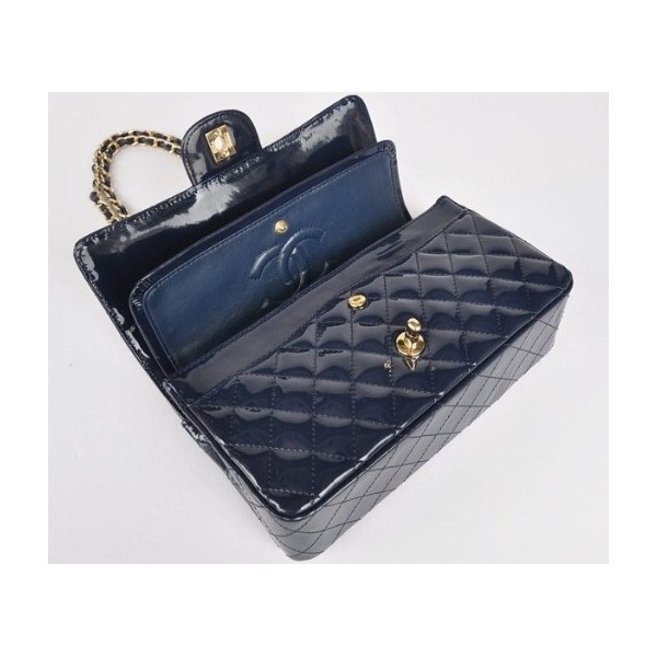 Borse Chanel Flap A01112 In Vernice Blu Scuro Con Oro Hw