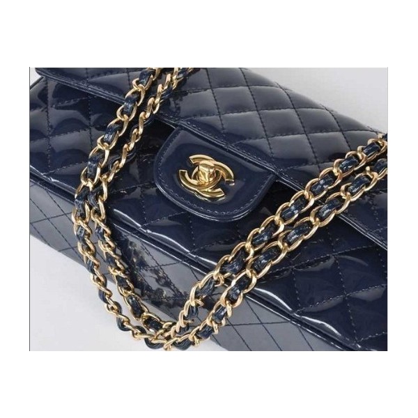 Borse Chanel Flap A01112 In Vernice Blu Scuro Con Oro Hw