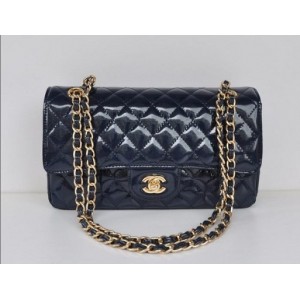 Borse Chanel Flap A01112 In Vernice Blu Scuro Con Oro Hw