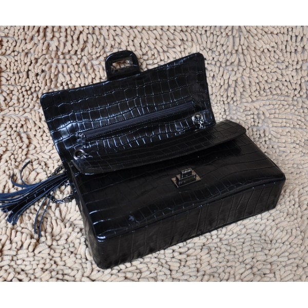 Chanel 2011 New Black Croc Veins Flap Bag In Pelle Nappa Recente