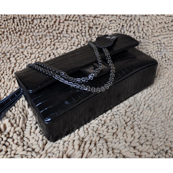 Chanel 2011 New Black Croc Veins Flap Bag In Pelle Nappa Recente