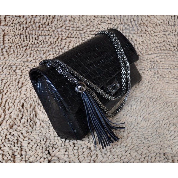 Chanel 2011 New Black Croc Veins Flap Bag In Pelle Nappa Recente