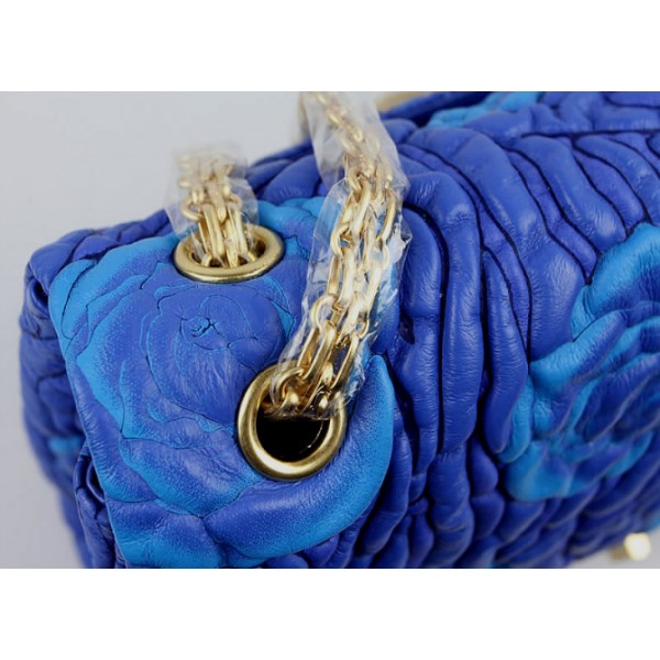 Chanel 2011 Agnello Borse Flap Blu Con Camellia Rilievo Dettagli