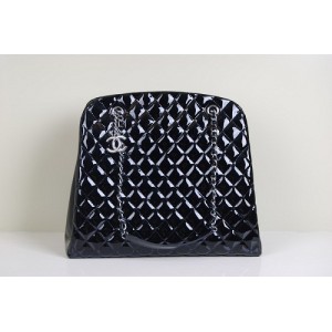 Chanel 50554 Patent Bowling Borsa In Pelle Nera Con Logo Cc