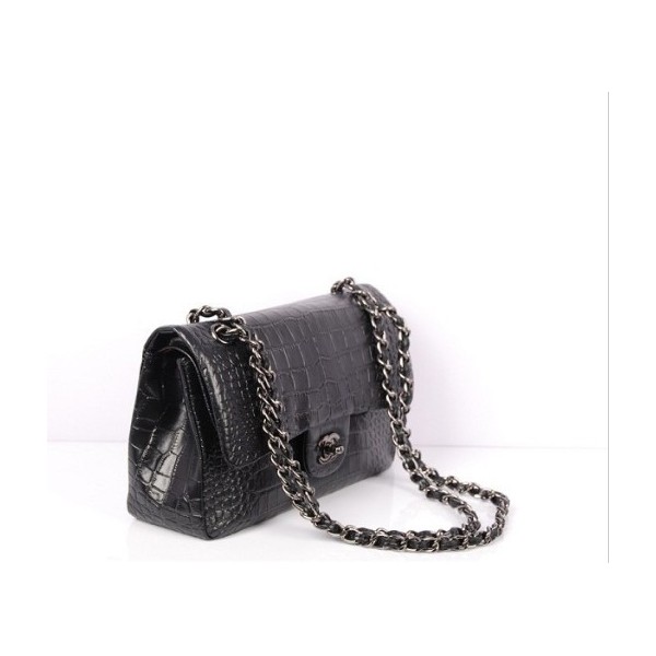 Chanel A01112 Black Croc Veins Leather Flap Borse Con Shw Vecchi