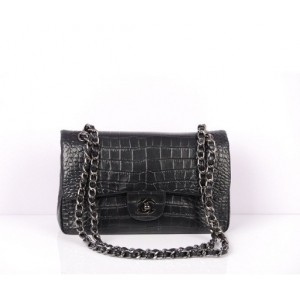 Chanel A01112 Black Croc Veins Leather Flap Borse Con Shw Vecchi