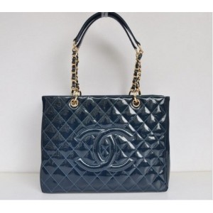 Chanel A20995 Blu Patent Leather Tote Shopping Gst Con Oro Hw