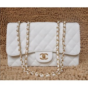 Chanel A28600 Flap Bag In Pelle Caviar Jumbo Bianco Con Oro Hw