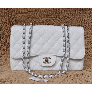 Chanel A28600 White Caviar Leather Borse Jumbo Flap Con Silver H