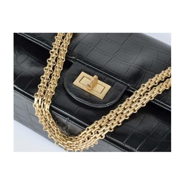 Chanel A37590 Nero Croc Veins Leather Flap Bag Catena Doro