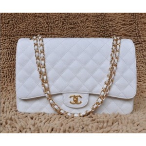 Chanel A47600 Flap Borse Classic Leather Grain Bianco Con Oro Hw