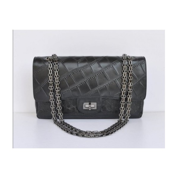 Chanel Croc Veins Nero Flap Bag In Pelle Con Colore Hw Pistola