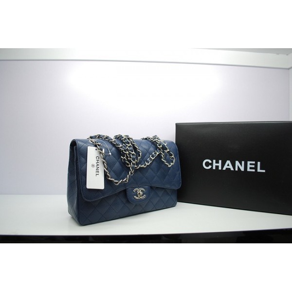 Borse Chanel 36097 Flap In Pelle Caviar Jumbo In Blu Scuro Con E