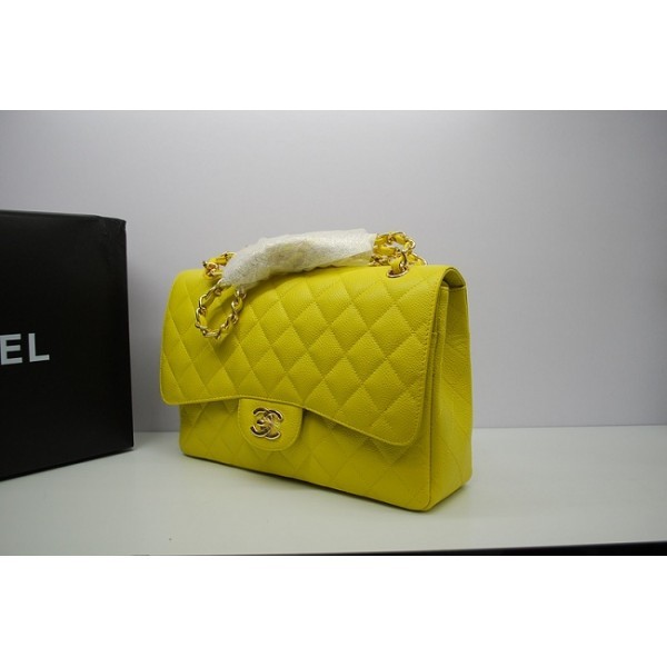 Borse Chanel Jumbo Strisce Caviar 36097 Giallo Limone Con Ghw