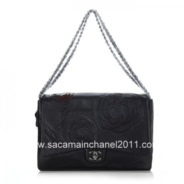 Chanel A50005 Ricamata A Mano Camelie Borse Pelle Di Agnello Ner