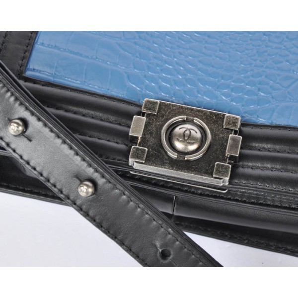 Chanel A67064 Boy Blu & Nero Croc Veins Leather Flap Borse